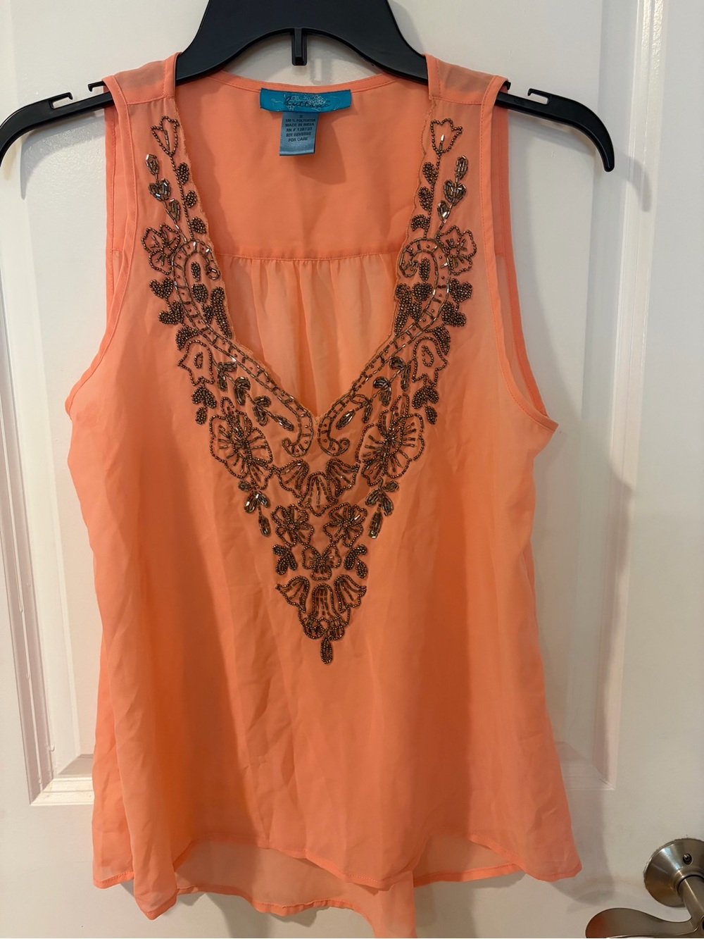 Beaded V-Neck Coral Sleeveless Top